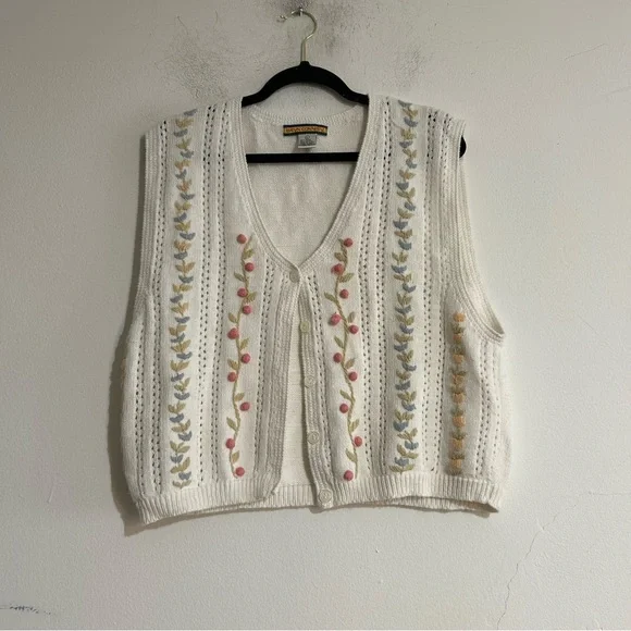 Vintage Pointelle Knit Floral Embroidered White Sweater Vest Cottage Grandmacore - Picture 1 of 10